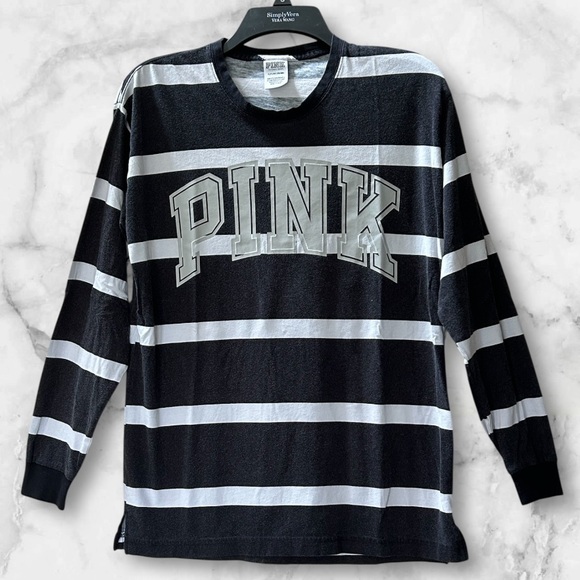 PINK Victoria’s Secret Striped Black Gray White Logo Long Sleeve Top Size S - Picture 1 of 8